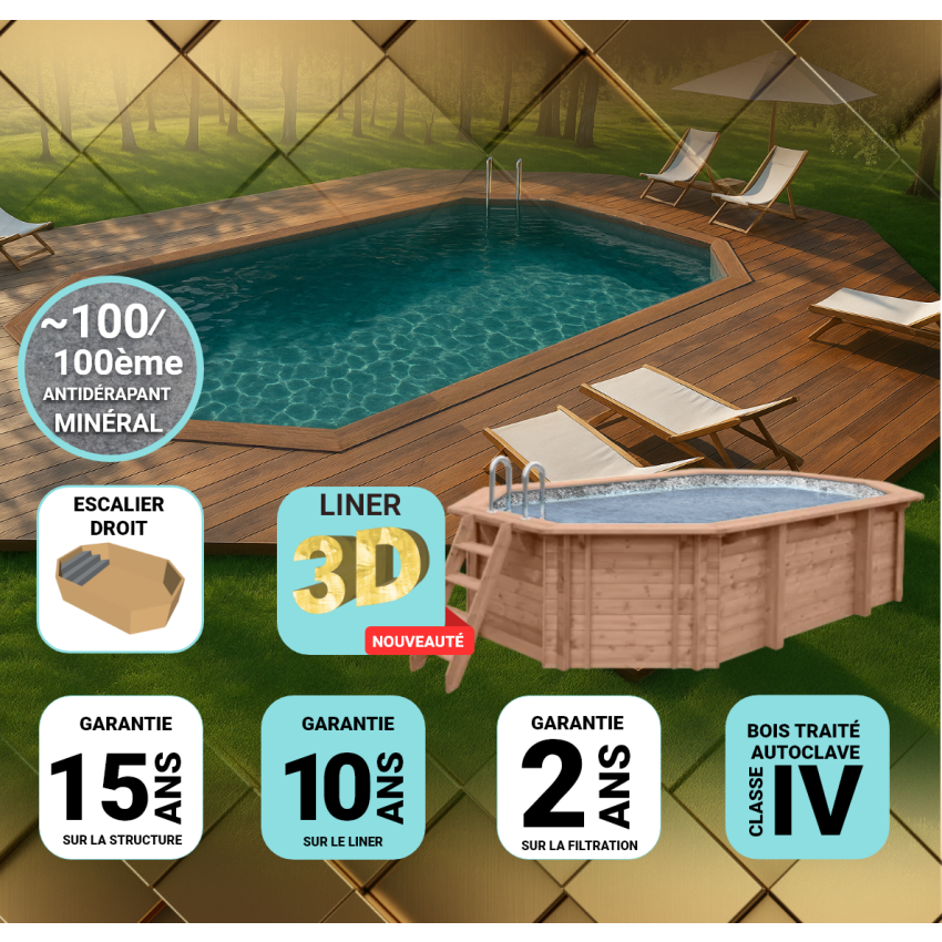 Piscine bois Allongée UBBINK PREMIUM 610x400x130cm Liner Relief 3D