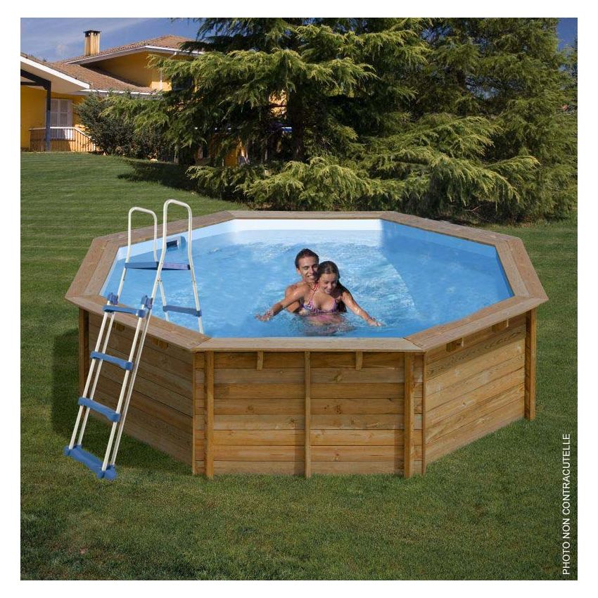 Piscine bois Hexagonale 395x117cm Liner bleu