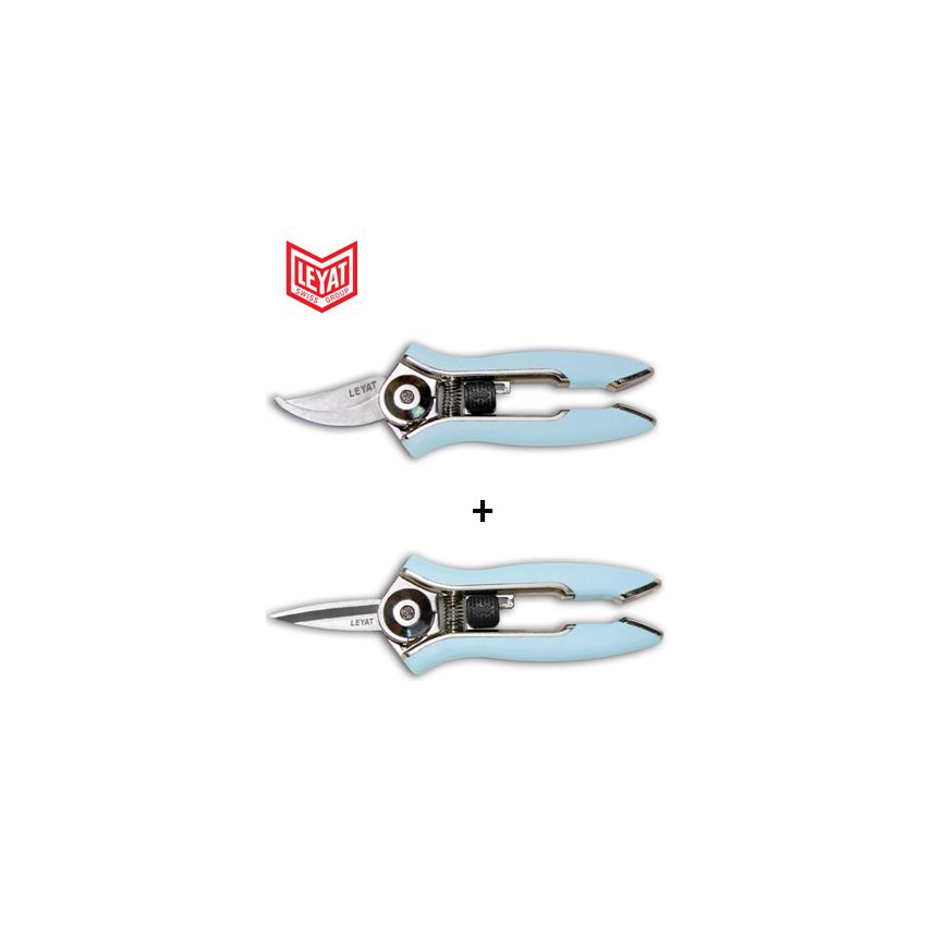 Lot de 2 Sécateurs Lame Courbe et Lame Droite Bleu Pâle HAPPY LINE