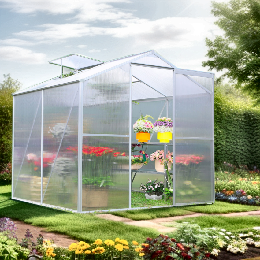 Serre de Jardin Structure Alu et Polycarbonate 2,39 m2 avec 1 fenêtre de toit