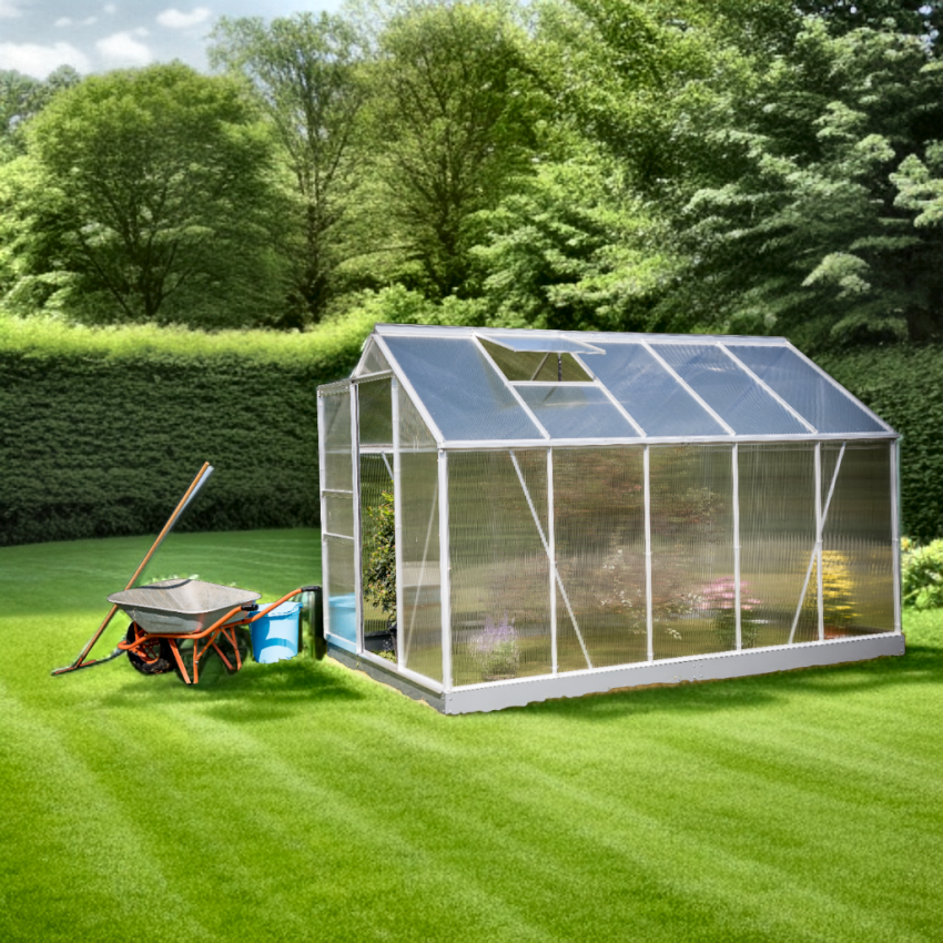 Serre de Jardin Alu et Polycarbonate 6,03 m2 avec Base et Fenêtre de toit