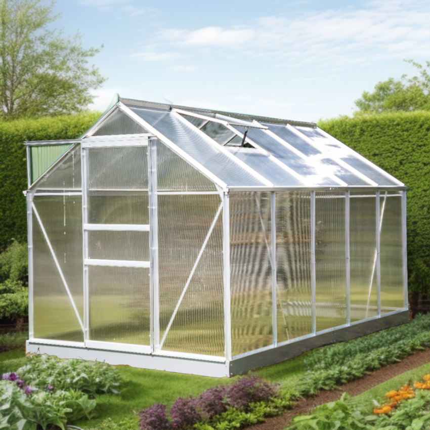 Serre de Jardin Alu et Polycarbonate 6,03 m2 avec Base et Fenêtre de toit