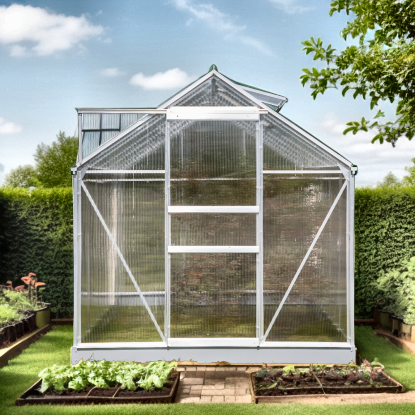 Serre de Jardin Alu et Polycarbonate 6,03 m2 avec Base et Fenêtre de toit